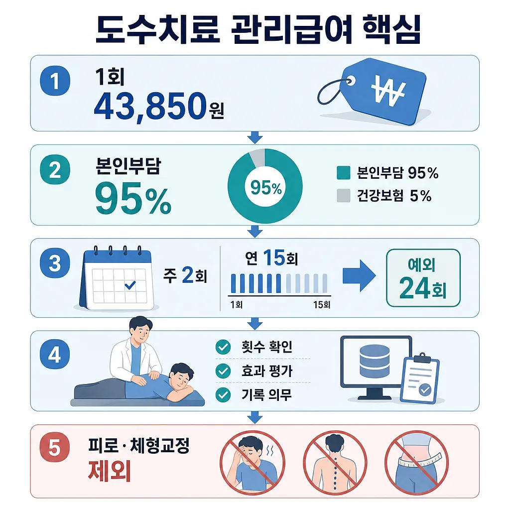 Infographic summarizing managed manual therapy benefits, cost per session, patient share, visit limits, and exclusions