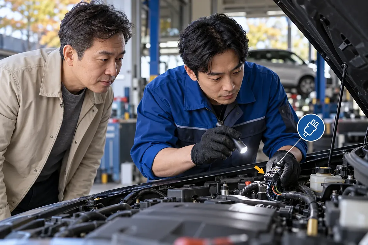 Un mecánico revisa con una linterna un conector eléctrico bajo el capó de un coche usado mientras un comprador observa.