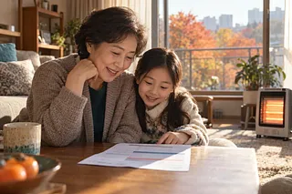 An older woman and her granddaughter look at a utility bill in a sunlit living room with an electric heater on.