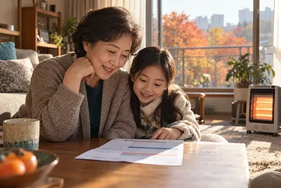 An older woman and her granddaughter look at a utility bill in a sunlit living room with an electric heater on.