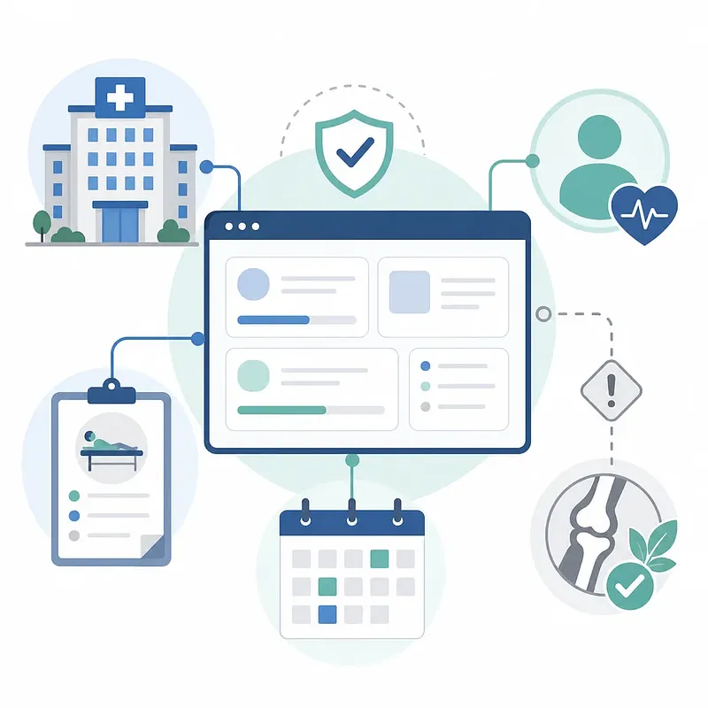 Ilustración de gestión médica con hospital, escudo de seguro, panel, calendario y control de articulación