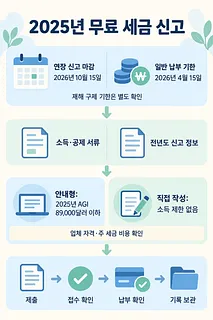 신고 기한, 준비 서류, 무료 신고 방식 비교와 제출 후 확인 절차를 순서대로 보여주는 한국어 인포그래픽