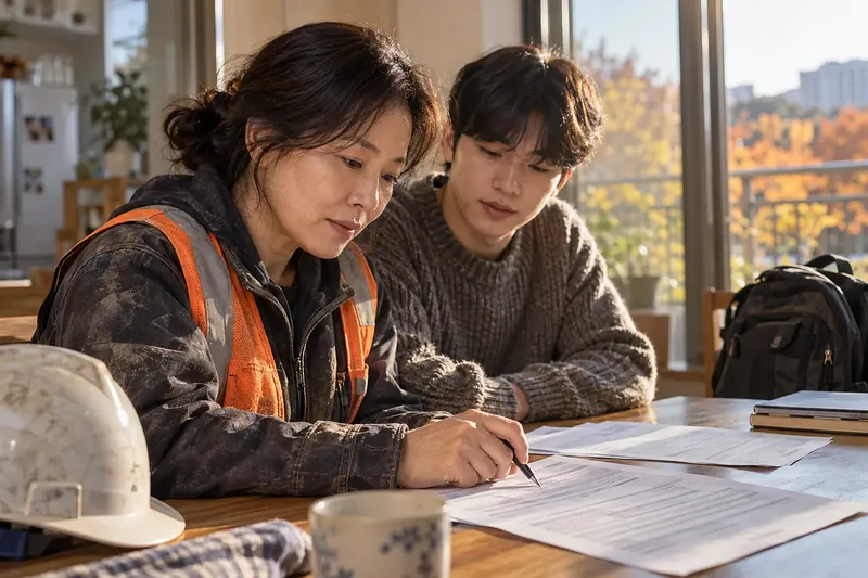 A mother in dusty workwear and a safety vest reviews paperwork at a table with her college-age son.