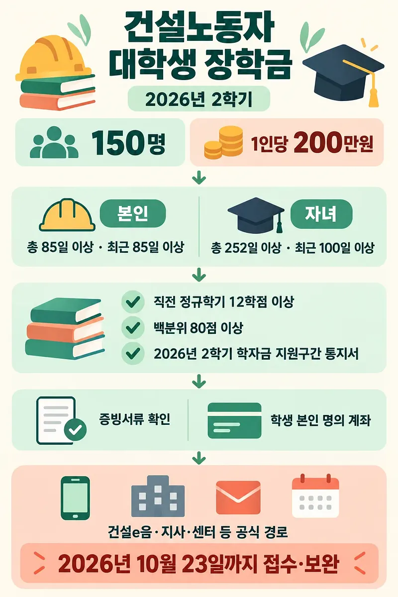 ヘルメットと角帽のイラストに、奨学金の支給額、応募条件、必要書類、締め切りをまとめた図解