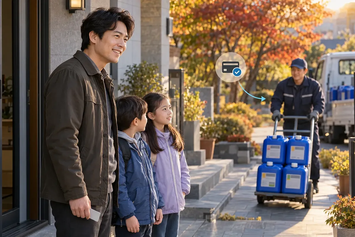 A father holding a payment card and two children watch a supplier wheel fuel containers to their home.