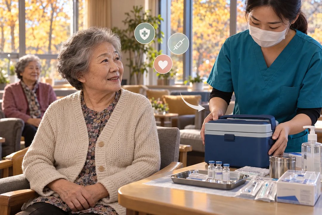 An older woman smiles as a nurse sets down a vaccine carrier in a long-term-care lounge.