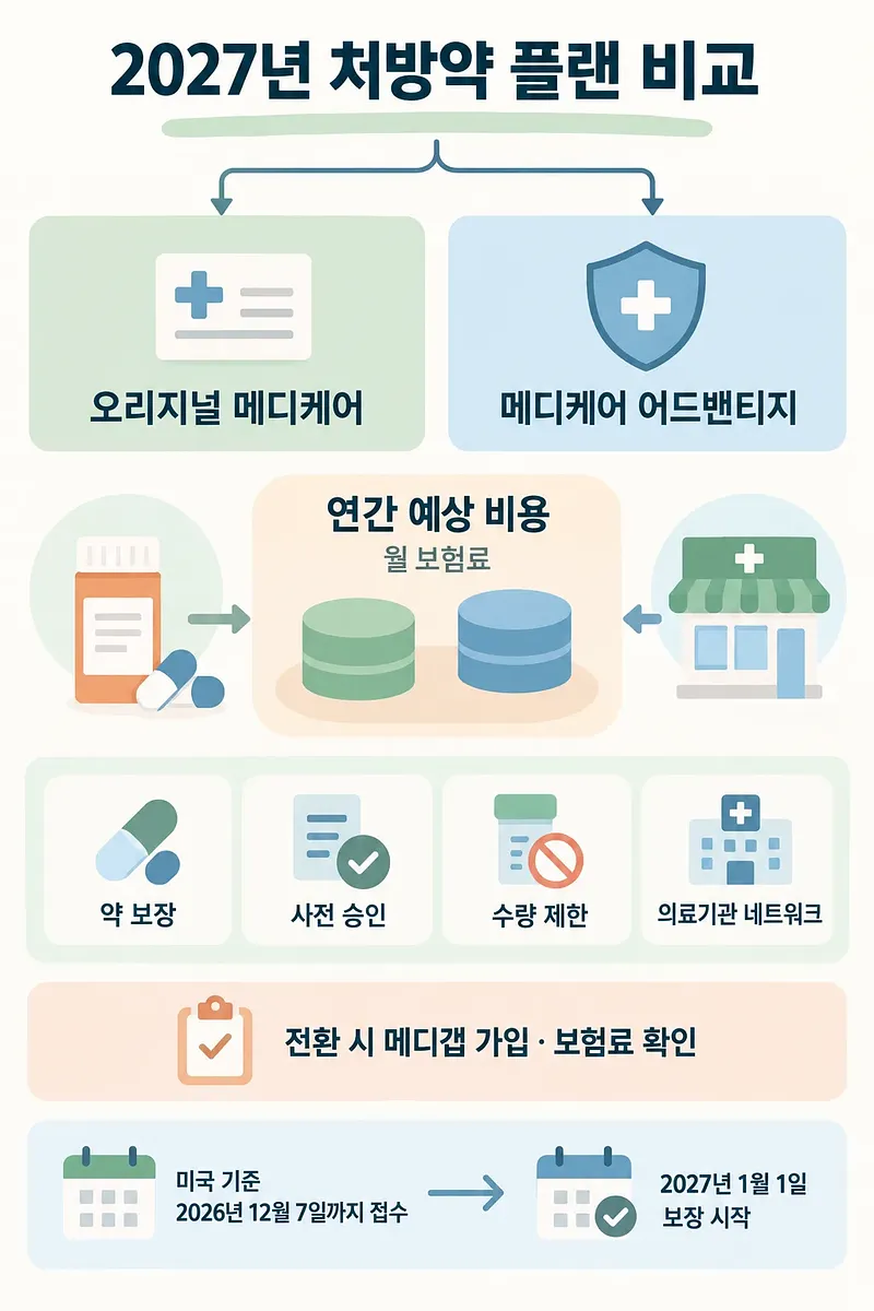 오리지널 메디케어와 메디케어 어드밴티지에서 갈라져 비용, 보장 조건, 신청 기한을 안내하는 한국어 도표
