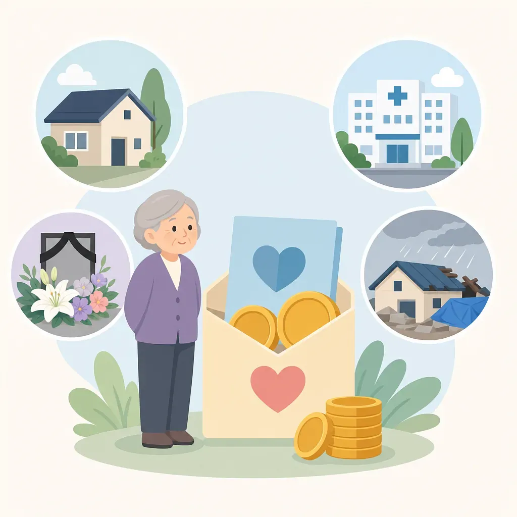 Mujer mayor junto a un sobre con monedas e iconos de casa, hospital, funeral y desastre