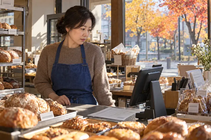 秋の日差しが入るパン店で、青いエプロンの店主がカウンター上の書類に目を向ける。