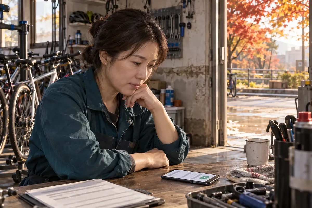 壁に浸水の跡が残る自転車修理店で、女性が作業台のスマートフォンを確認している。