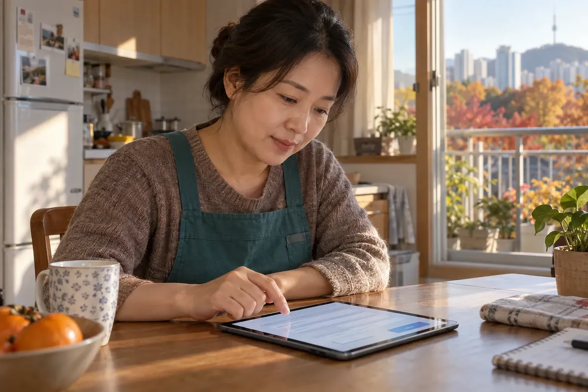 Una mujer con delantal verde azulado toca un formulario en una tableta sobre la mesa de la cocina.