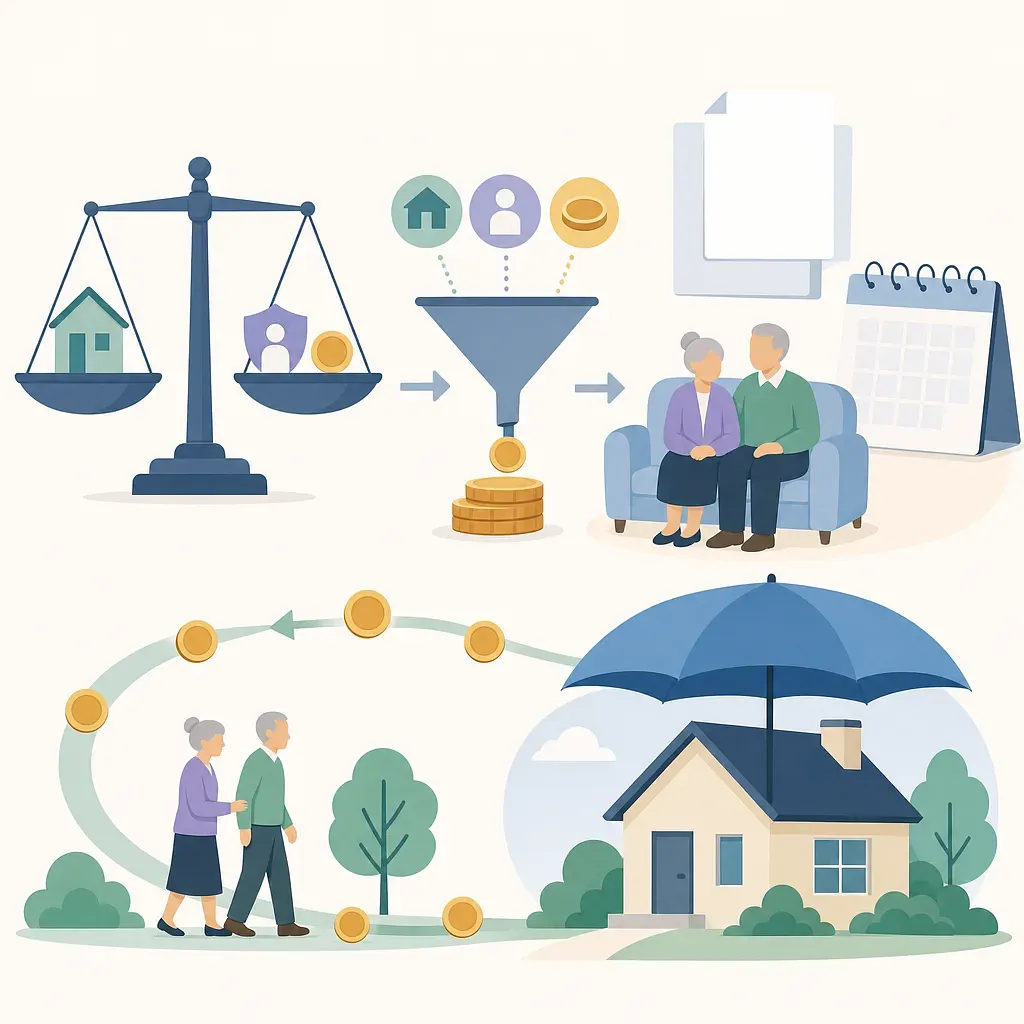 Illustration of scales, coins, documents, a calendar, an elderly couple, and a house under an umbrella