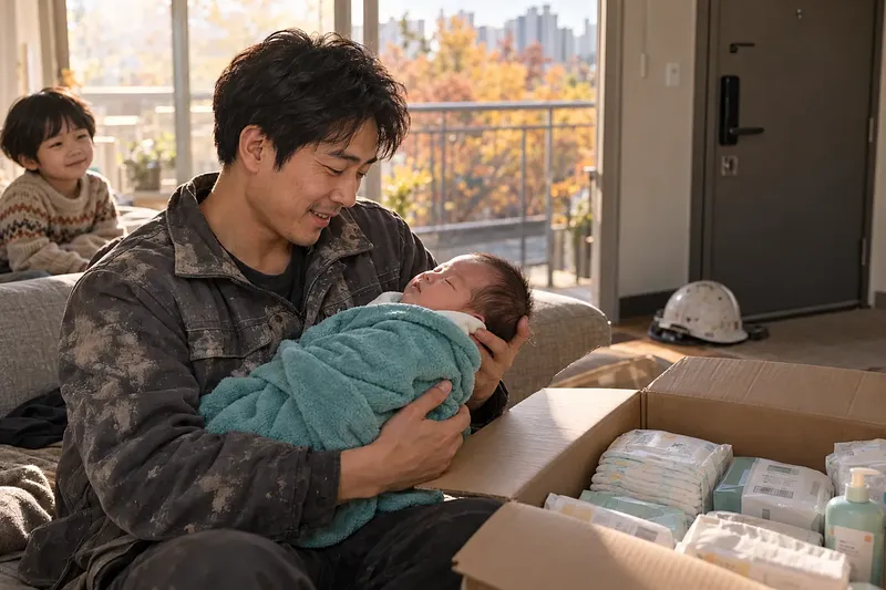 작업복 차림의 아버지가 신생아를 안고 있고, 곁에는 육아용품 상자와 큰아이가 보인다.