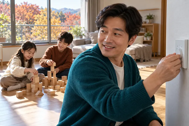 A father adjusts a wall thermostat as he looks toward his two children playing with blocks on the wooden floor.