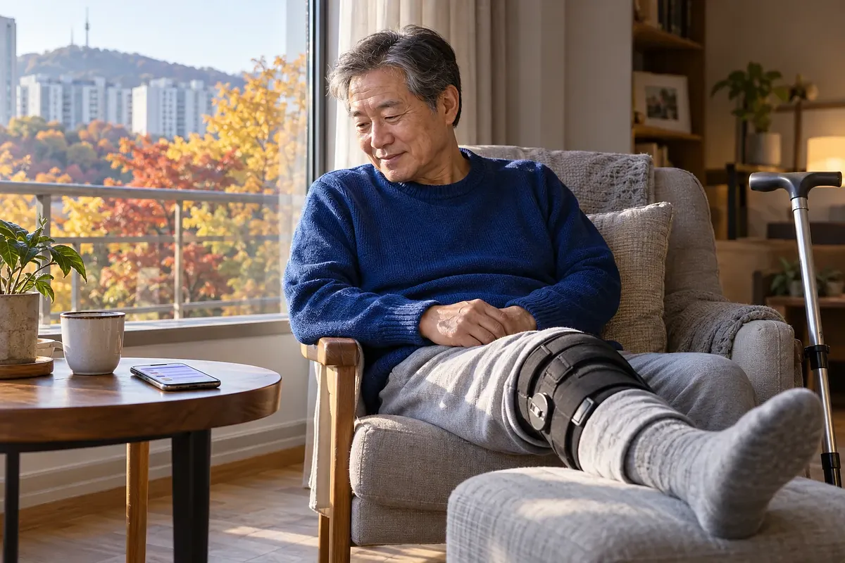 An older man rests his braced leg on a footstool and looks at a smartphone on a table beside the window.