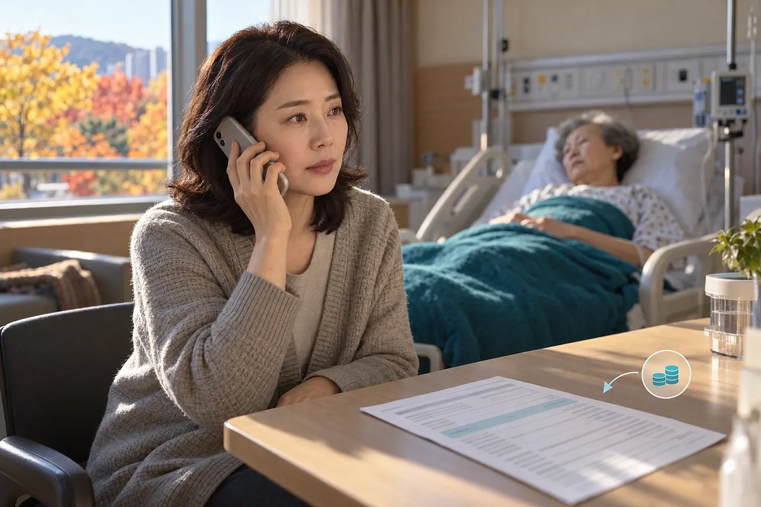 서류가 놓인 병실 탁자 앞에서 중년 여성이 통화하고, 뒤편 침대에는 노년 여성이 누워 있다.
