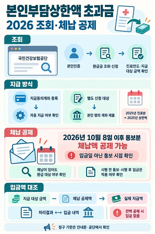 2026년 본인부담상한액 초과금 조회, 지급 방식, 체납 공제와 입금액 대조 절차를 정리한 안내도