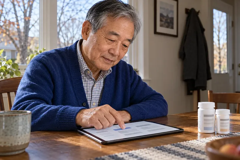 파란 카디건을 입은 노년 남성이 약병이 놓인 집 식탁에서 태블릿 화면을 누르고 있다.