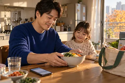 Un padre con suéter azul sonríe al servir arroz y verduras a su hija en una cocina soleada.