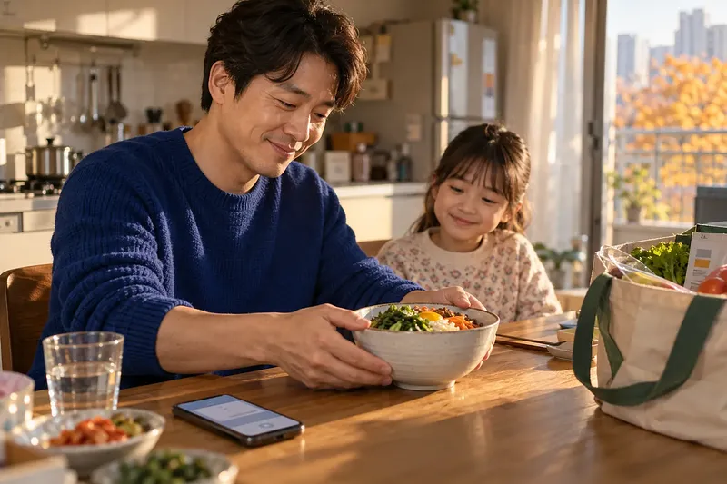 A father in a blue sweater smiles as he serves his daughter rice and vegetables in a sunlit kitchen.