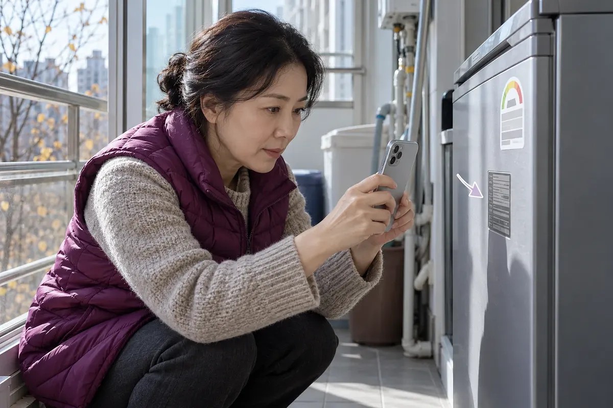 Una mujer agachada en un balcón fotografía con el móvil la placa de identificación de un refrigerador de kimchi.