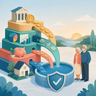 Elderly couple beside a four-tier structure symbolizing pensions and retirement assets