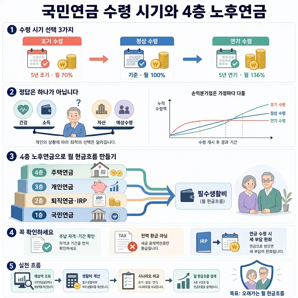 국민연금 수령 시기와 4층 노후연금 설계, 확인 사항 및 실천 흐름을 설명한 인포그래픽
