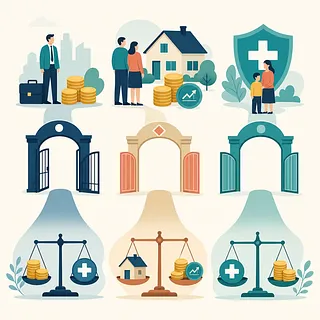 Health insurance infographic with people, a house, coins, medical shield, open gates, and balance scales