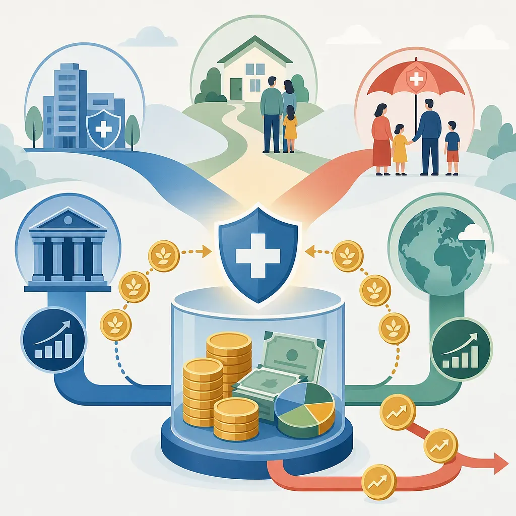 Infografía con un escudo médico conectado a dinero, banco, hospital, familias y un globo terráqueo
