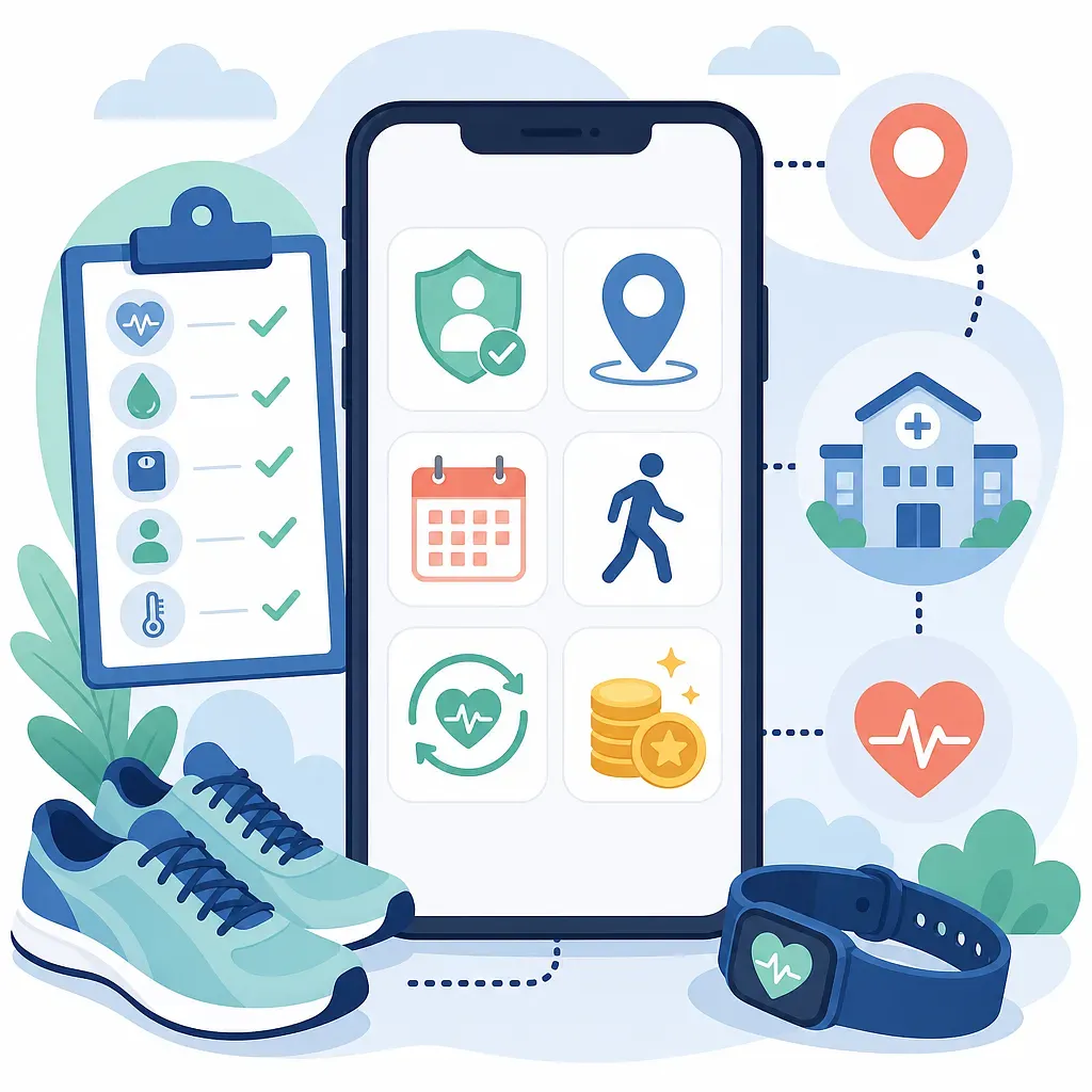 Aplicación de salud en un teléfono con zapatillas, reloj inteligente, lista médica y monedas