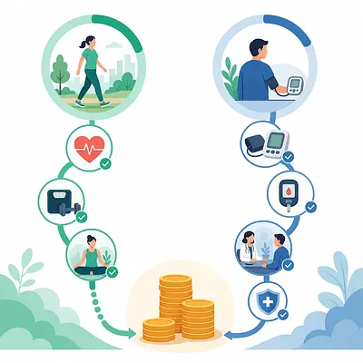 Health activities and blood pressure and glucose checks leading to reward coins