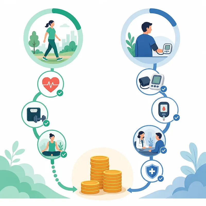 Health activities and blood pressure and glucose checks leading to reward coins