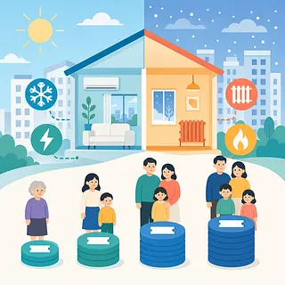 Cooling and heating home with energy icons, households of different sizes, and stacks of benefits