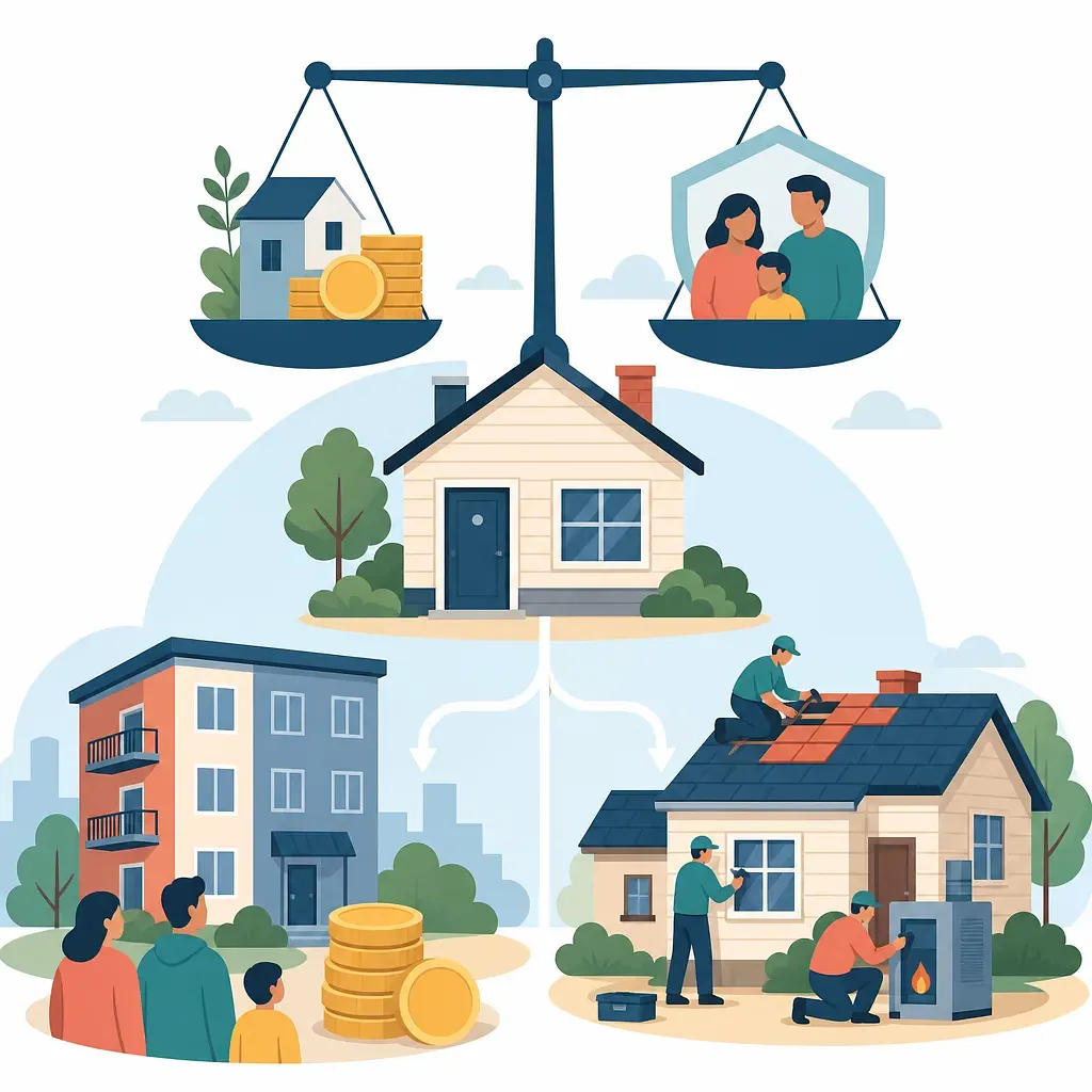 Ilustración de ayuda de vivienda con balanza, monedas, familia protegida, alquiler y reparaciones