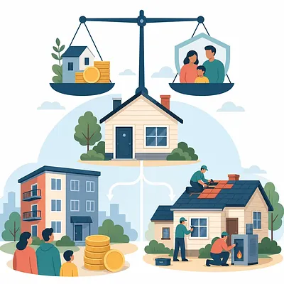Housing benefit illustration with a balance, coins, a protected family, rental housing, and home repairs