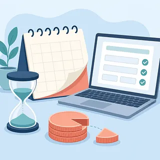 カレンダー、砂時計、オンライン申請画面のノートパソコン、5％部分が分かれた円グラフ
