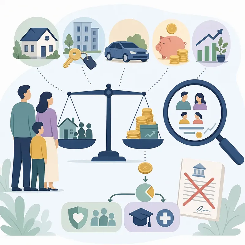 Familia, vivienda, coche, monedas, balanza, lupa y símbolos de ayudas sociales