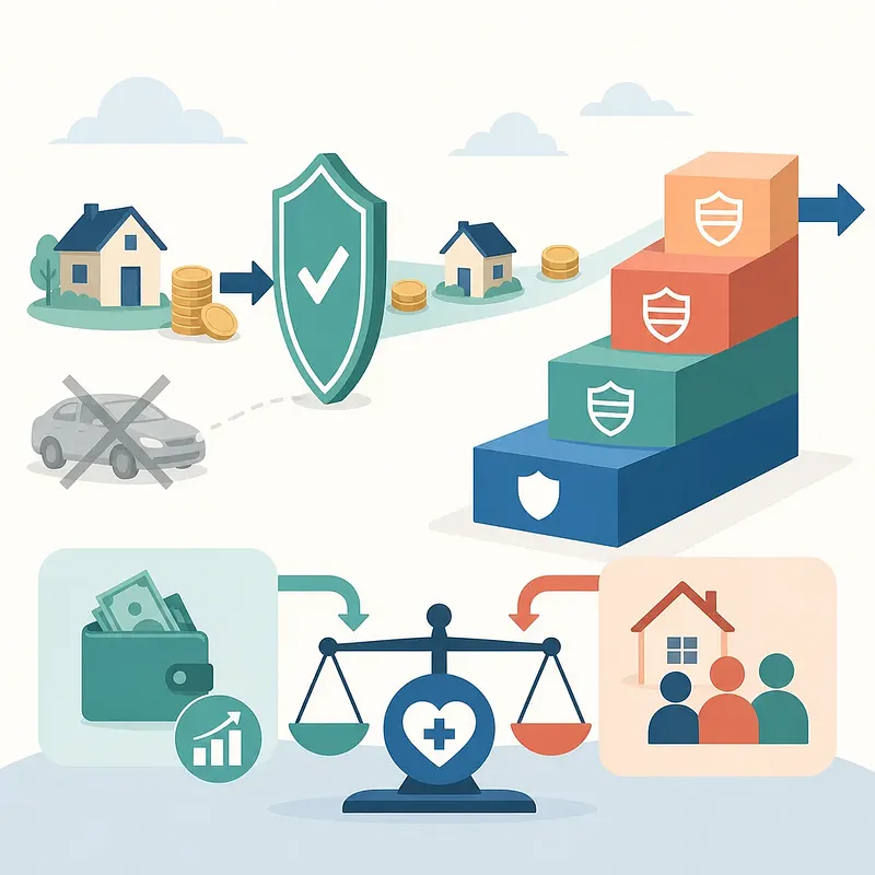 Illustration of homes, coins, a shield, crossed-out car, premium tiers, wallet, and healthcare scales