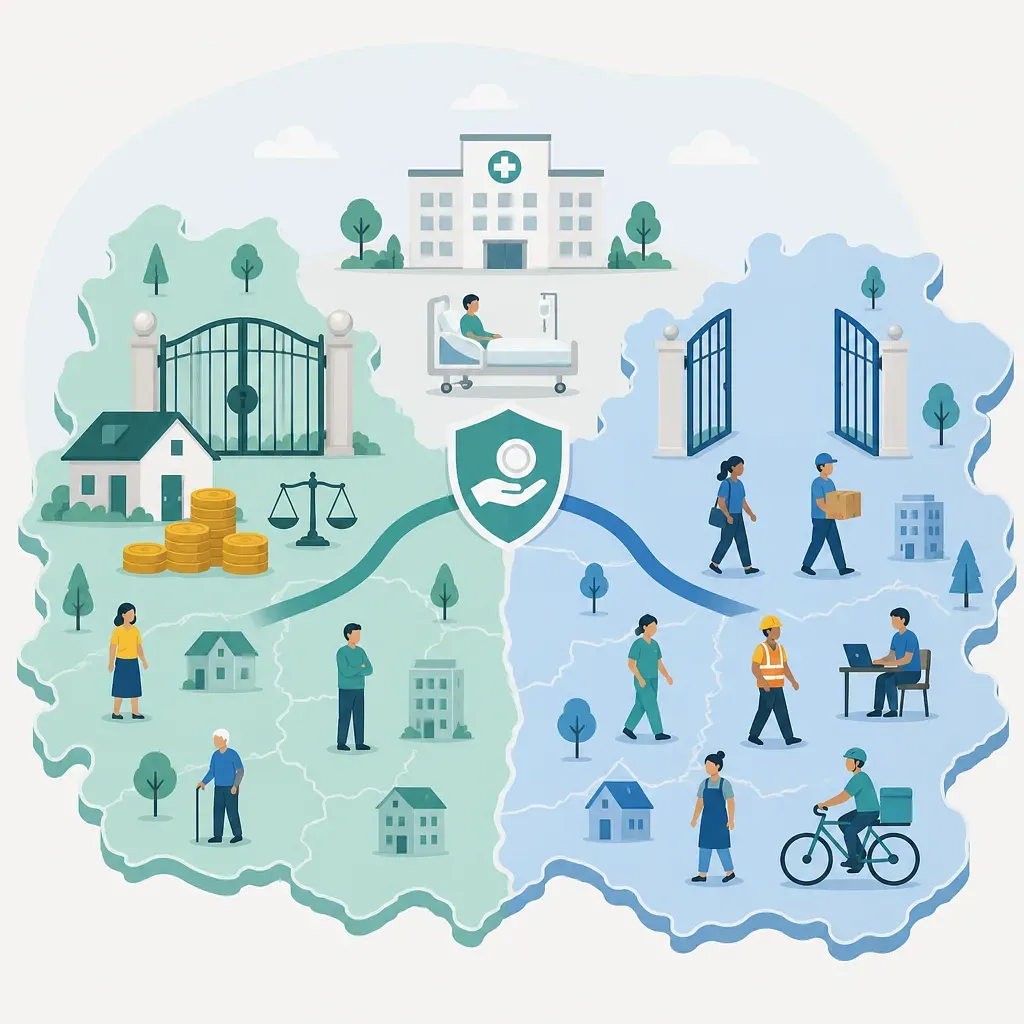Regional map with a hospital, patient, workers, coins, scales, and a protective shield