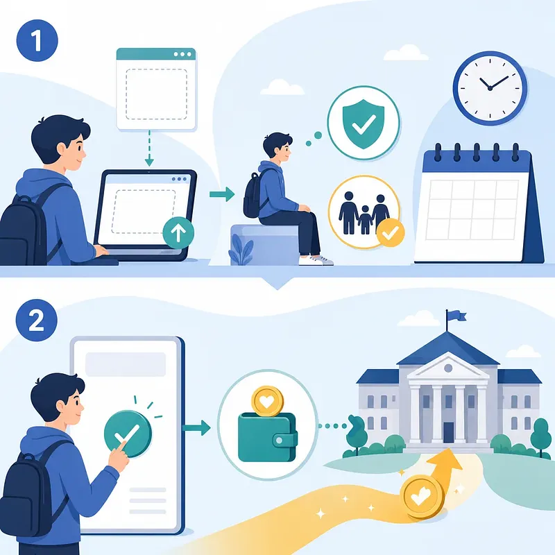 Two-step guide showing a student applying online, verifying details, and receiving university funding