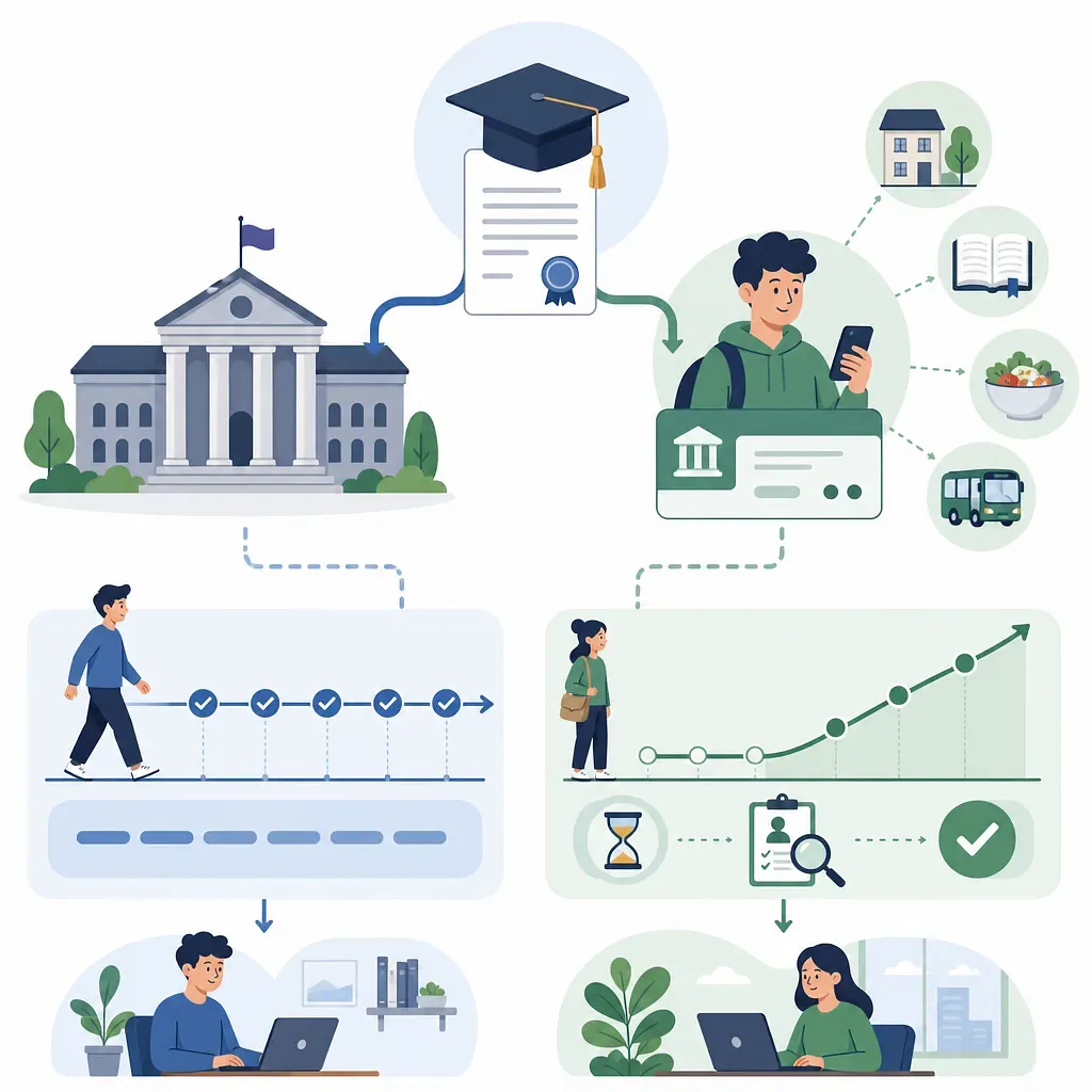 Student loan guide with a university, diploma, student, bank card, application steps, and approval