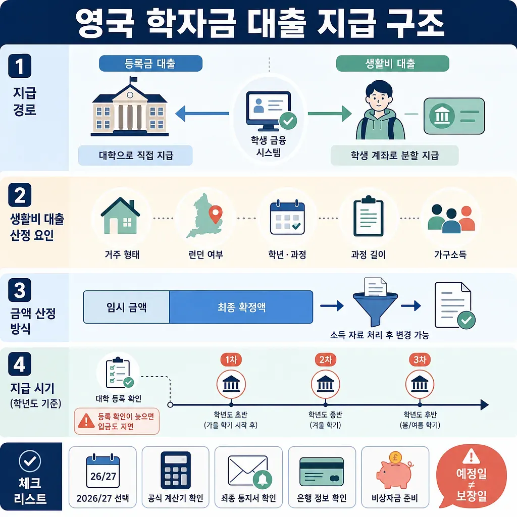 Infographic on UK tuition and maintenance loan routes, calculation factors, payment timing and checklist