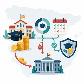 Diagrama de becas con escuela, monedas, calendario, escudo y edificio público sobre el mapa de España