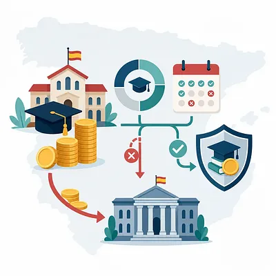 Scholarship process diagram with a school, coins, calendar, shield and government building on a map of Spain