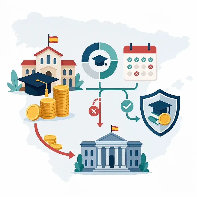 Diagrama de becas con escuela, monedas, calendario, escudo y edificio público sobre el mapa de España
