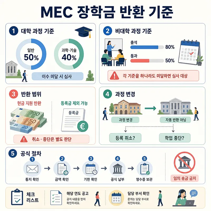 MEC奨学金の返還基準、返還範囲、課程変更、公式納付手順をまとめたインフォグラフィック