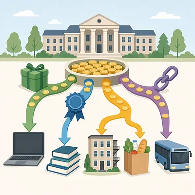 Flechas desde un cuenco de monedas frente a una universidad hacia un portátil, libros, vivienda, comida y autobús