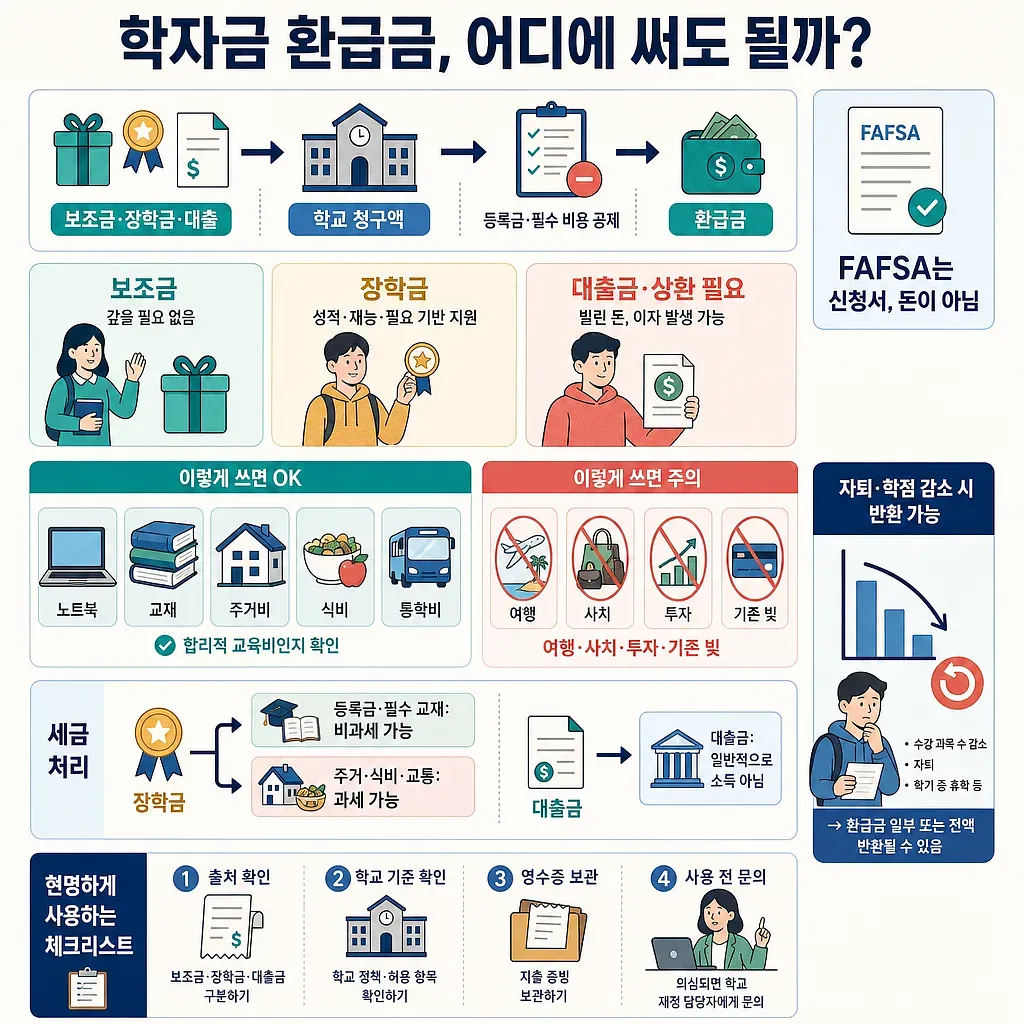 Korean infographic explaining financial aid refunds, funding types, eligible expenses, taxes, and repayment