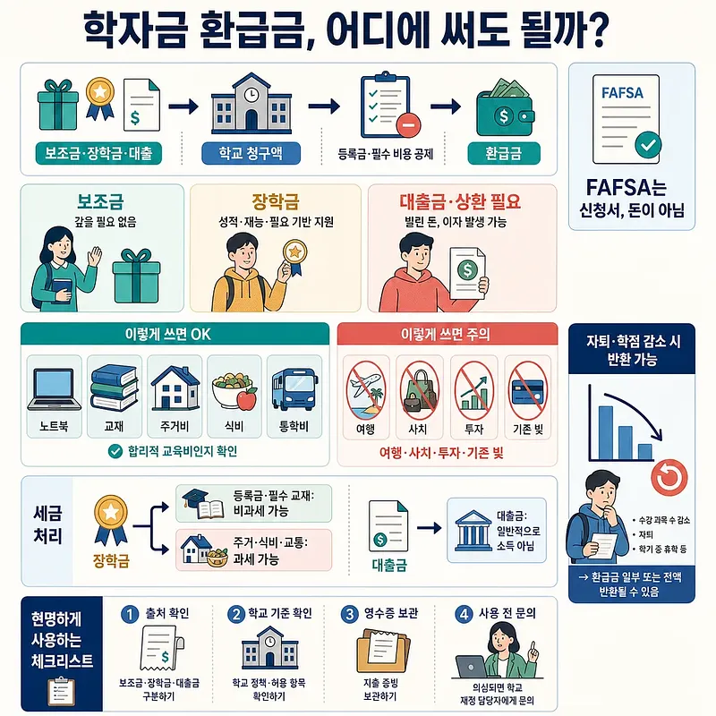 학자금 환급금의 사용처와 보조금·장학금·대출 차이를 설명하는 한국어 인포그래픽