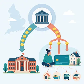 英国の公的機関から大学と学生の生活費へ資金が流れる仕組みを示す図